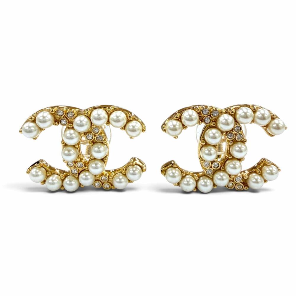 CHANEL Gold Pearl Logo Earrings